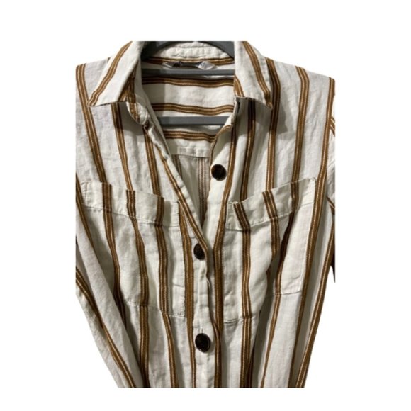 ZARA Striped Linen Shirt Dress with Self Tie Belt White Button-Down Boho Medium - Picture 6 of 9
